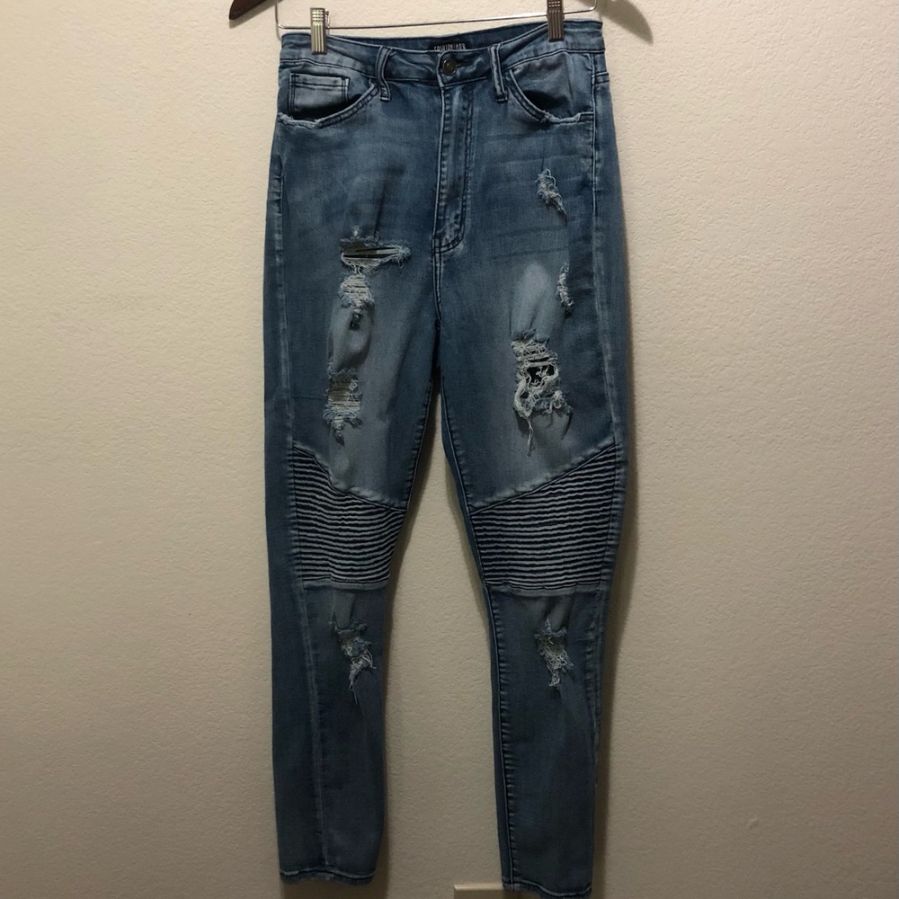 Fashion Nova Women’s Distressed Skinny Moto Jeans Size 11 Blue